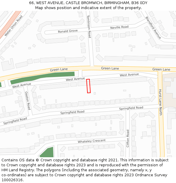 66, WEST AVENUE, CASTLE BROMWICH, BIRMINGHAM, B36 0DY: Location map and indicative extent of plot