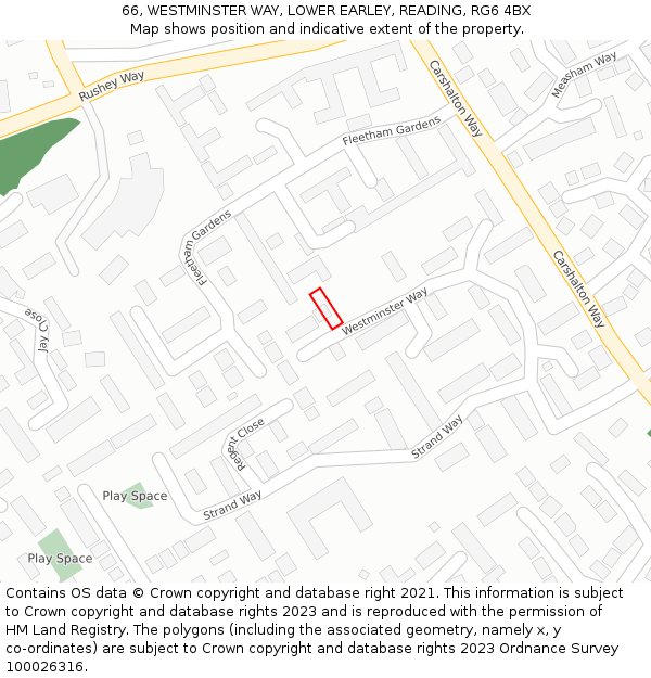 66, WESTMINSTER WAY, LOWER EARLEY, READING, RG6 4BX: Location map and indicative extent of plot