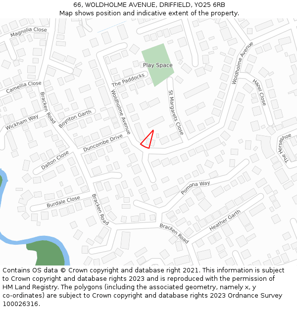 66, WOLDHOLME AVENUE, DRIFFIELD, YO25 6RB: Location map and indicative extent of plot