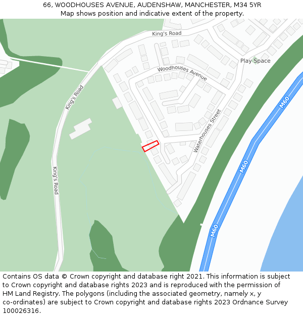 66, WOODHOUSES AVENUE, AUDENSHAW, MANCHESTER, M34 5YR: Location map and indicative extent of plot