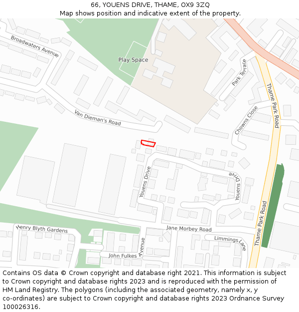 66, YOUENS DRIVE, THAME, OX9 3ZQ: Location map and indicative extent of plot