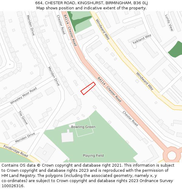 664, CHESTER ROAD, KINGSHURST, BIRMINGHAM, B36 0LJ: Location map and indicative extent of plot