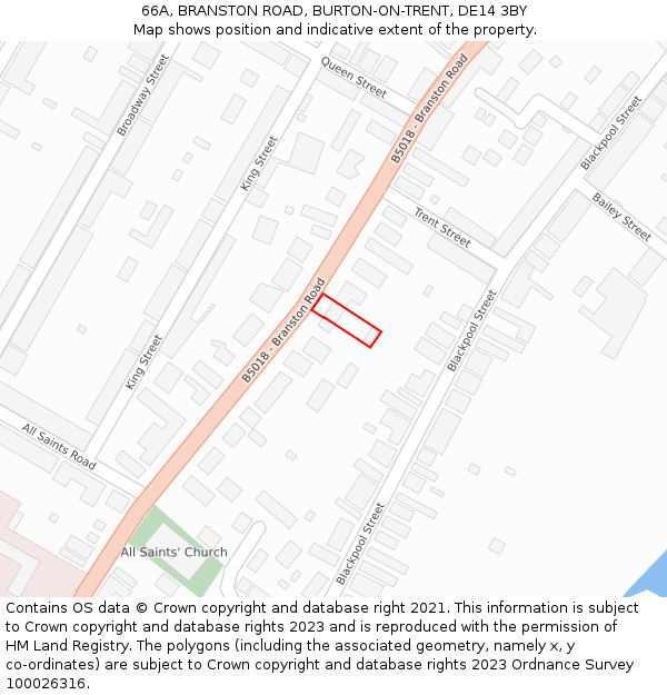 66A, BRANSTON ROAD, BURTON-ON-TRENT, DE14 3BY: Location map and indicative extent of plot