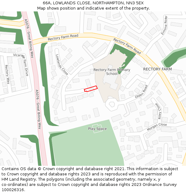 66A, LOWLANDS CLOSE, NORTHAMPTON, NN3 5EX: Location map and indicative extent of plot