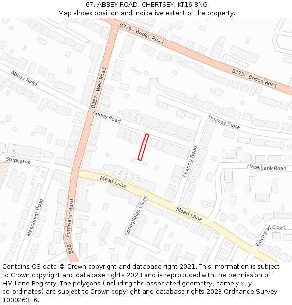 67, ABBEY ROAD, CHERTSEY, KT16 8NG: Location map and indicative extent of plot