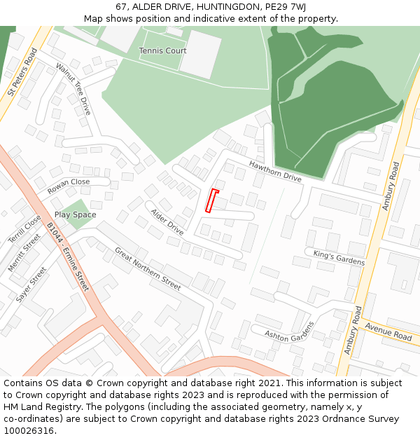 67, ALDER DRIVE, HUNTINGDON, PE29 7WJ: Location map and indicative extent of plot