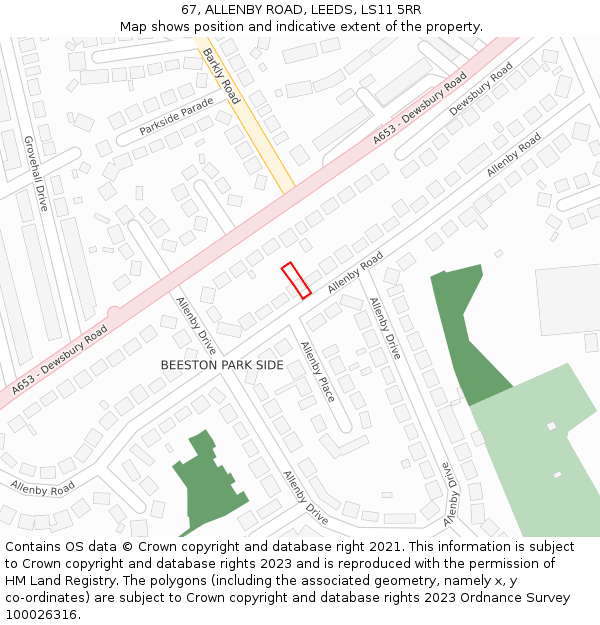 67, ALLENBY ROAD, LEEDS, LS11 5RR: Location map and indicative extent of plot