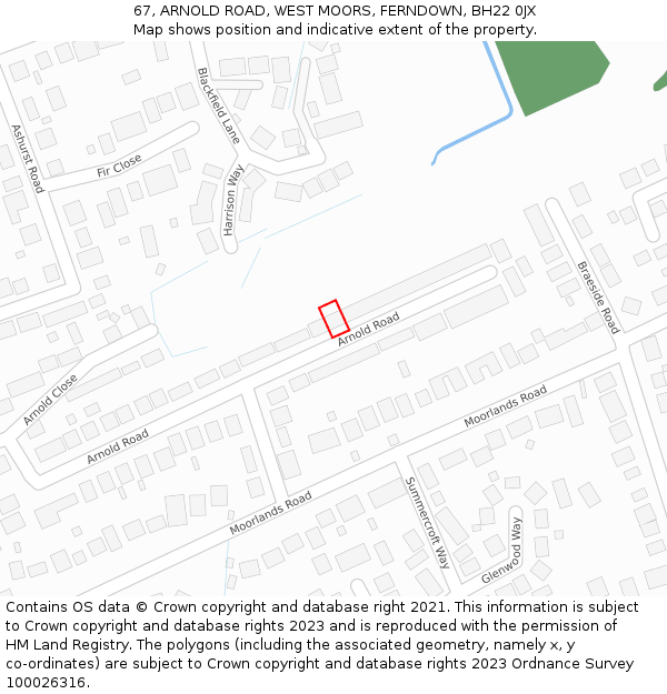 67, ARNOLD ROAD, WEST MOORS, FERNDOWN, BH22 0JX: Location map and indicative extent of plot
