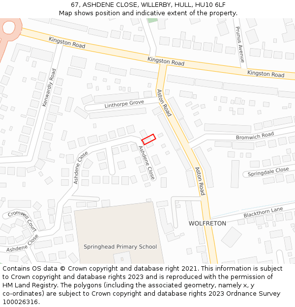 67, ASHDENE CLOSE, WILLERBY, HULL, HU10 6LF: Location map and indicative extent of plot