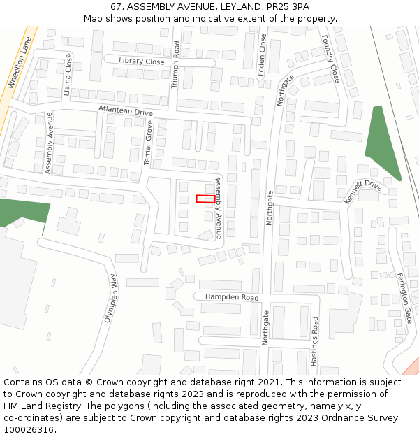 67, ASSEMBLY AVENUE, LEYLAND, PR25 3PA: Location map and indicative extent of plot