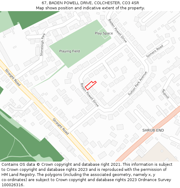 67, BADEN POWELL DRIVE, COLCHESTER, CO3 4SR: Location map and indicative extent of plot