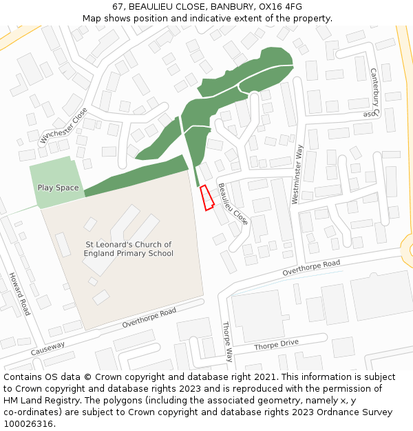 67, BEAULIEU CLOSE, BANBURY, OX16 4FG: Location map and indicative extent of plot