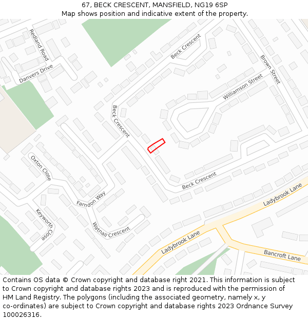 67, BECK CRESCENT, MANSFIELD, NG19 6SP: Location map and indicative extent of plot