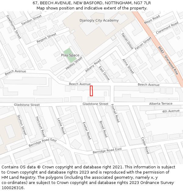 67, BEECH AVENUE, NEW BASFORD, NOTTINGHAM, NG7 7LR: Location map and indicative extent of plot