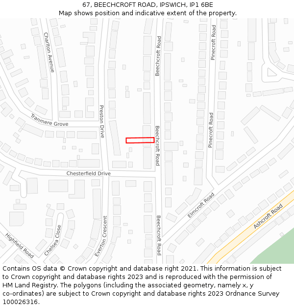 67, BEECHCROFT ROAD, IPSWICH, IP1 6BE: Location map and indicative extent of plot
