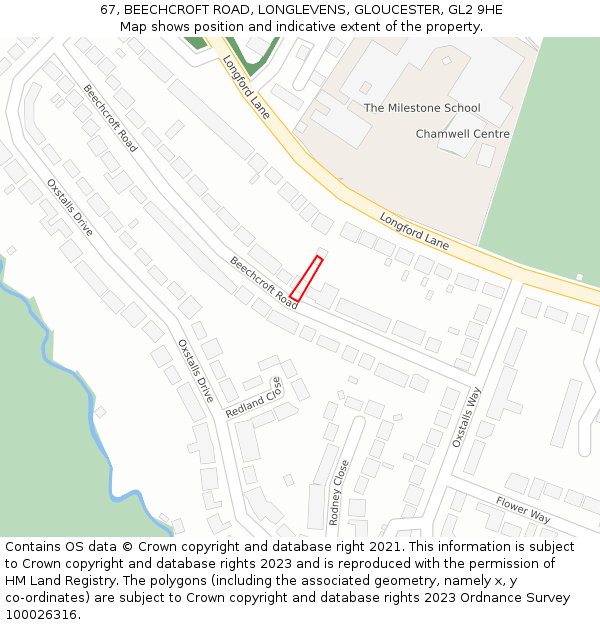 67, BEECHCROFT ROAD, LONGLEVENS, GLOUCESTER, GL2 9HE: Location map and indicative extent of plot