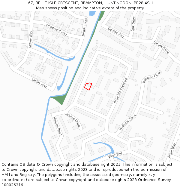 67, BELLE ISLE CRESCENT, BRAMPTON, HUNTINGDON, PE28 4SH: Location map and indicative extent of plot