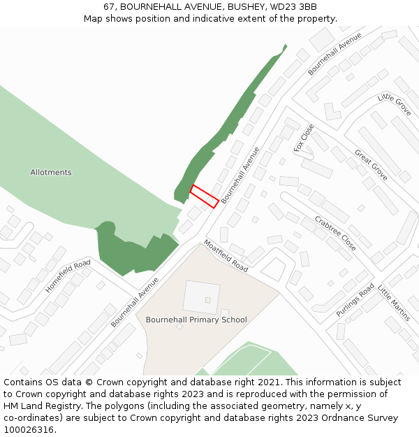 67, BOURNEHALL AVENUE, BUSHEY, WD23 3BB: Location map and indicative extent of plot