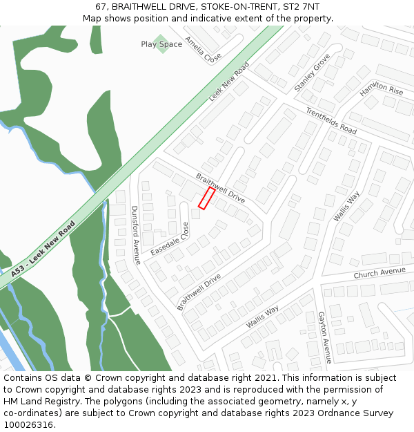 67, BRAITHWELL DRIVE, STOKE-ON-TRENT, ST2 7NT: Location map and indicative extent of plot