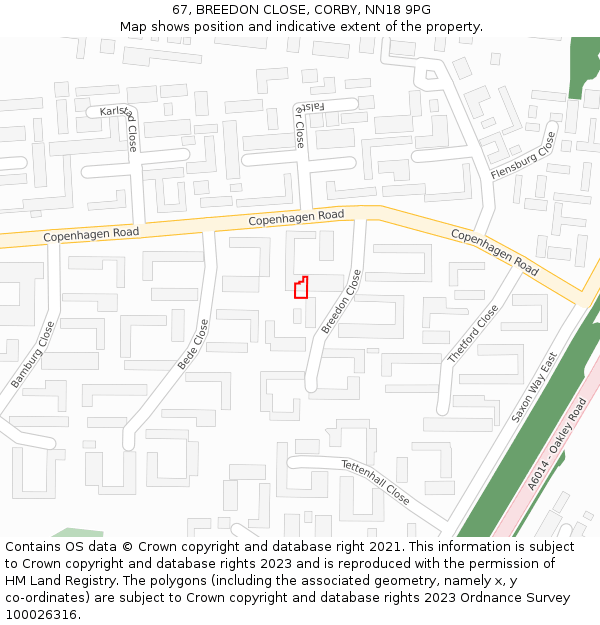 67, BREEDON CLOSE, CORBY, NN18 9PG: Location map and indicative extent of plot