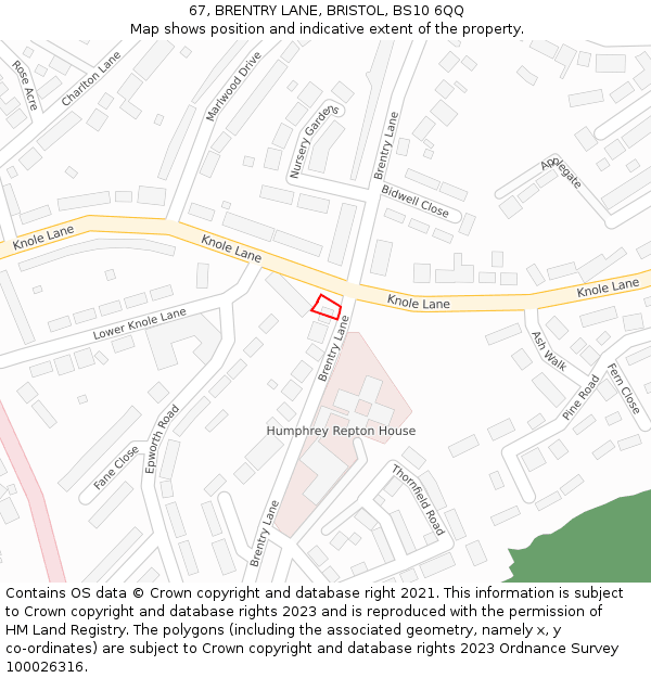67, BRENTRY LANE, BRISTOL, BS10 6QQ: Location map and indicative extent of plot