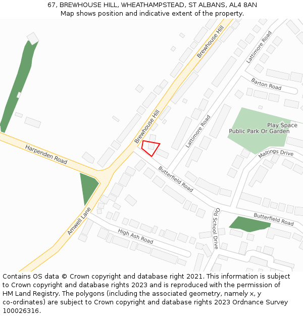 67, BREWHOUSE HILL, WHEATHAMPSTEAD, ST ALBANS, AL4 8AN: Location map and indicative extent of plot