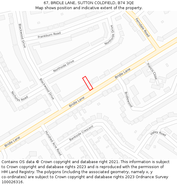 67, BRIDLE LANE, SUTTON COLDFIELD, B74 3QE: Location map and indicative extent of plot