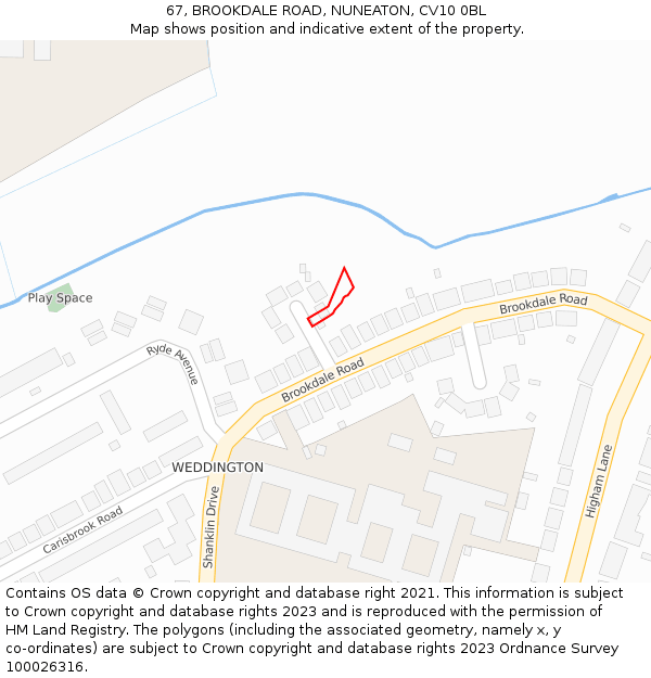 67, BROOKDALE ROAD, NUNEATON, CV10 0BL: Location map and indicative extent of plot