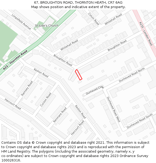 67, BROUGHTON ROAD, THORNTON HEATH, CR7 6AG: Location map and indicative extent of plot