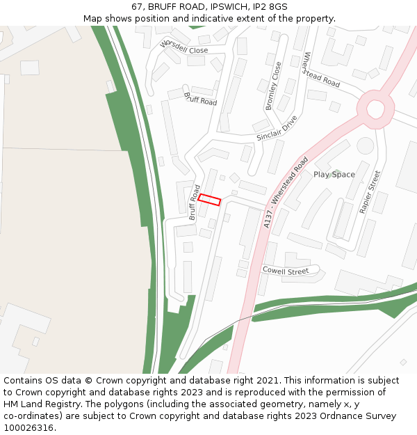 67, BRUFF ROAD, IPSWICH, IP2 8GS: Location map and indicative extent of plot