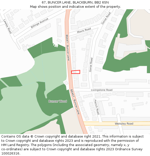 67, BUNCER LANE, BLACKBURN, BB2 6SN: Location map and indicative extent of plot