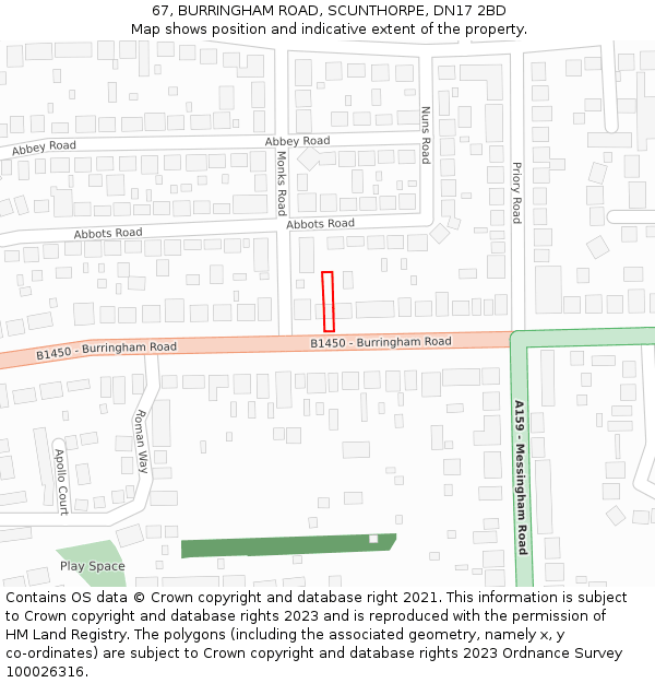 67, BURRINGHAM ROAD, SCUNTHORPE, DN17 2BD: Location map and indicative extent of plot