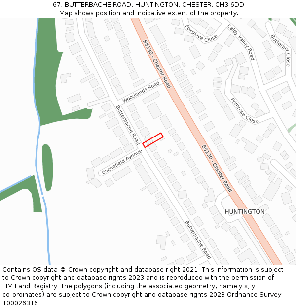 67, BUTTERBACHE ROAD, HUNTINGTON, CHESTER, CH3 6DD: Location map and indicative extent of plot