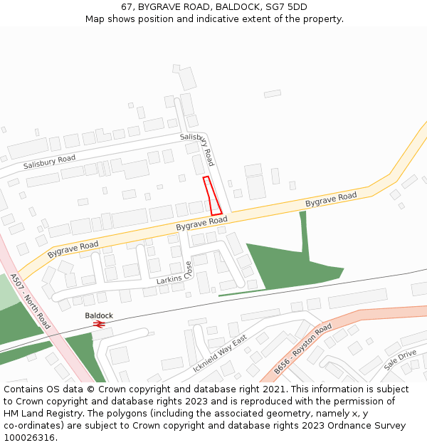 67, BYGRAVE ROAD, BALDOCK, SG7 5DD: Location map and indicative extent of plot