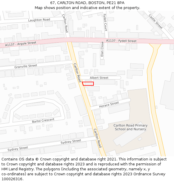 67, CARLTON ROAD, BOSTON, PE21 8PA: Location map and indicative extent of plot