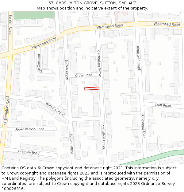 67, CARSHALTON GROVE, SUTTON, SM1 4LZ: Location map and indicative extent of plot