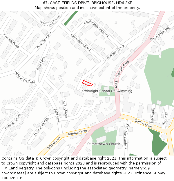 67, CASTLEFIELDS DRIVE, BRIGHOUSE, HD6 3XF: Location map and indicative extent of plot