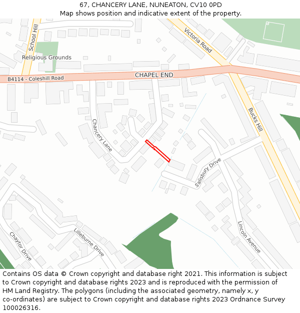 67, CHANCERY LANE, NUNEATON, CV10 0PD: Location map and indicative extent of plot