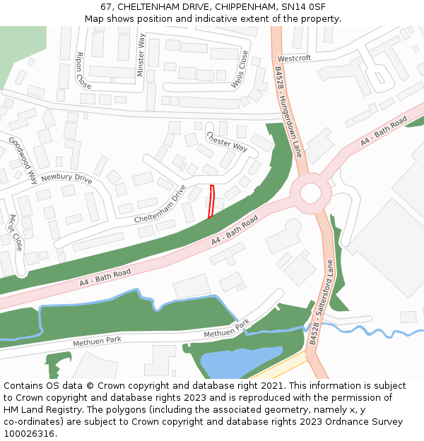 67, CHELTENHAM DRIVE, CHIPPENHAM, SN14 0SF: Location map and indicative extent of plot