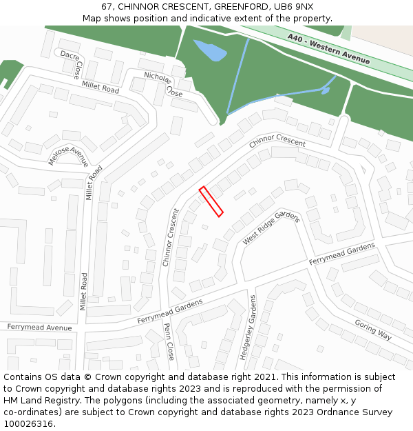 67, CHINNOR CRESCENT, GREENFORD, UB6 9NX: Location map and indicative extent of plot