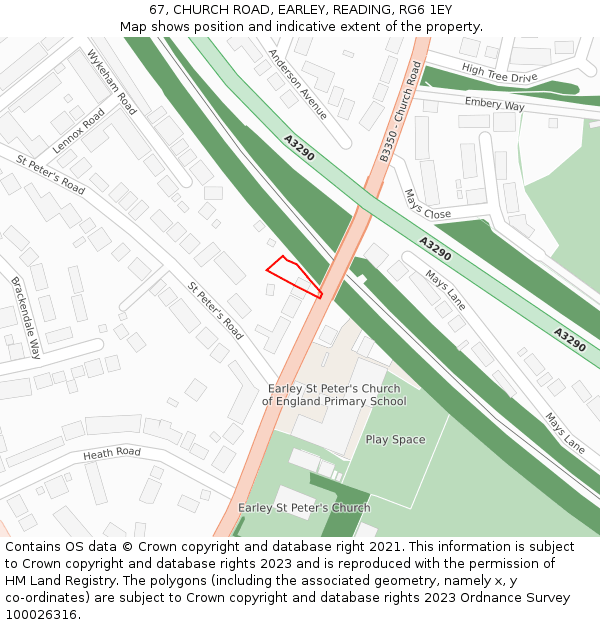 67, CHURCH ROAD, EARLEY, READING, RG6 1EY: Location map and indicative extent of plot