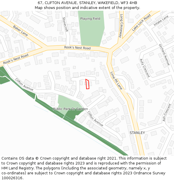 67, CLIFTON AVENUE, STANLEY, WAKEFIELD, WF3 4HB: Location map and indicative extent of plot