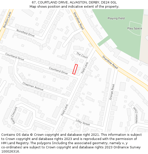 67, COURTLAND DRIVE, ALVASTON, DERBY, DE24 0GL: Location map and indicative extent of plot