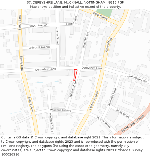 67, DERBYSHIRE LANE, HUCKNALL, NOTTINGHAM, NG15 7GF: Location map and indicative extent of plot
