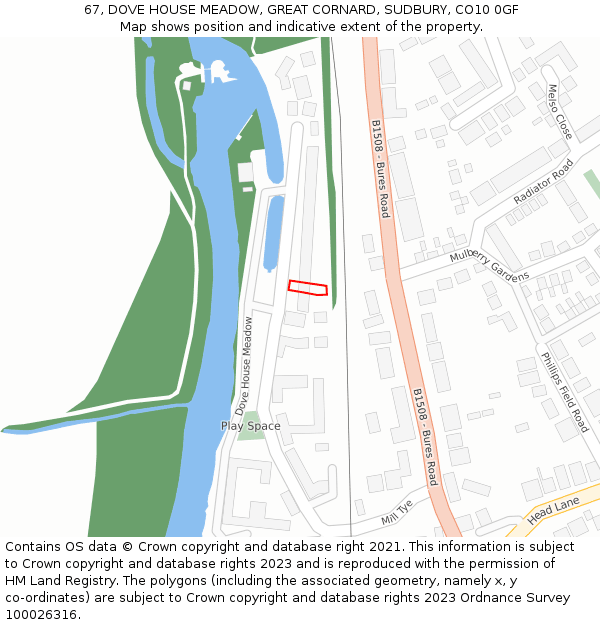 67, DOVE HOUSE MEADOW, GREAT CORNARD, SUDBURY, CO10 0GF: Location map and indicative extent of plot