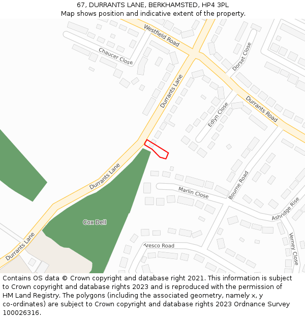 67, DURRANTS LANE, BERKHAMSTED, HP4 3PL: Location map and indicative extent of plot