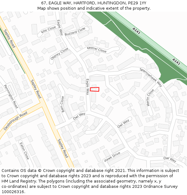 67, EAGLE WAY, HARTFORD, HUNTINGDON, PE29 1YY: Location map and indicative extent of plot