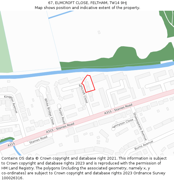 67, ELMCROFT CLOSE, FELTHAM, TW14 9HJ: Location map and indicative extent of plot