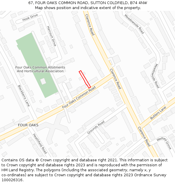 67, FOUR OAKS COMMON ROAD, SUTTON COLDFIELD, B74 4NW: Location map and indicative extent of plot