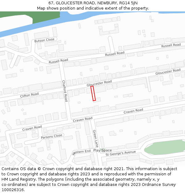 67, GLOUCESTER ROAD, NEWBURY, RG14 5JN: Location map and indicative extent of plot